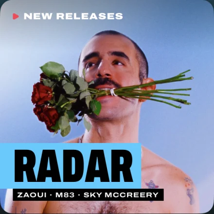 A Radar cover drawn by Aura: Zaoui holding roses in his teeth, the name in a band, Zaoui, M83 and Sky McCreery beneath