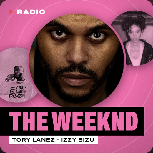 A radio cover drawn by Aura: The Weeknd in a disc on pink, with Tory Lanez and Izzy Bizu beside him and the name in a black band